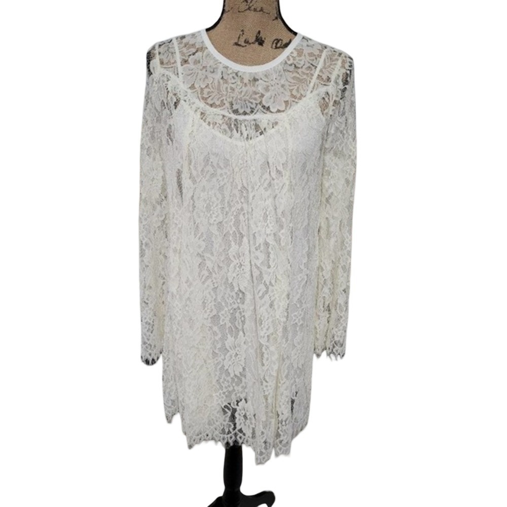 Kimchi Blue Ivory Floral Lace Long Sleeve Mini Dress Boho Bridal Feminine Size S